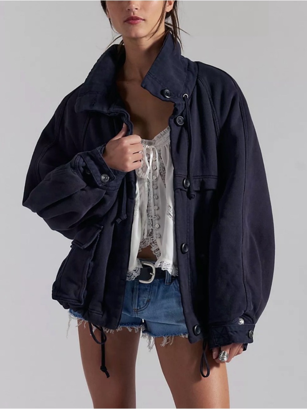 Free People NWOT Black Jojo Washed Oversized Funnel-Neck Jacket